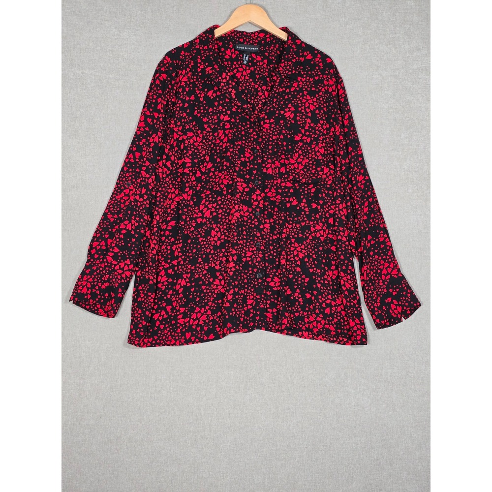 Love & Legend Women's Red Black Heart Print Roll Tab Button Up Shirt 3X